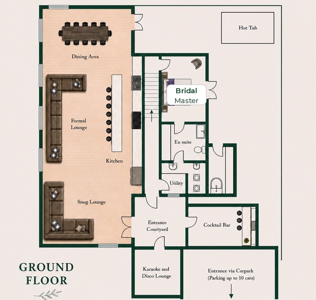 Ground floor plan: dining area, formal lounge, kitchen, snug lounge, Bridal Master with ensuite, entrance courtyard, cocktail bar, and karaoke and disco room