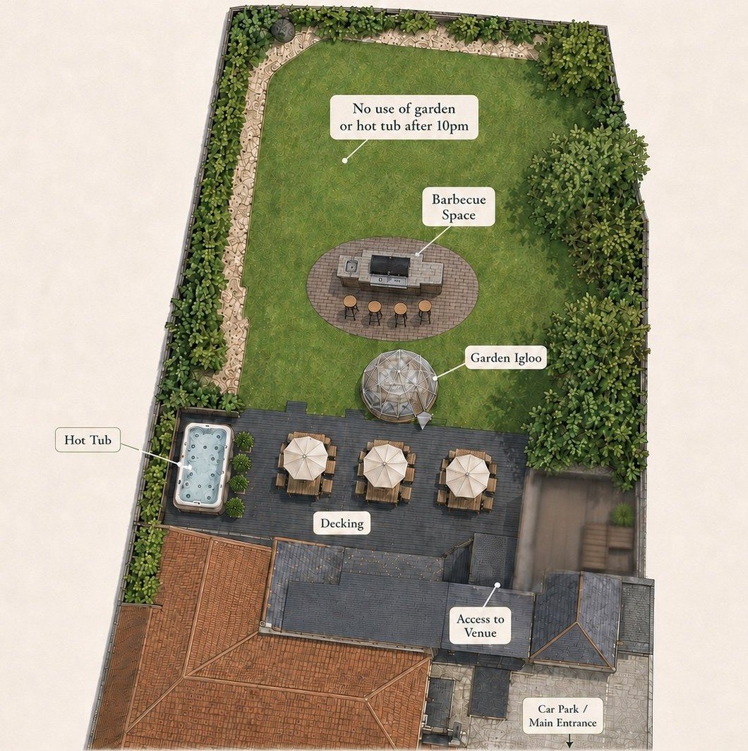 Garden plan: lawn, barbecue space, garden igloo, decking with tables, hot tub, and car park